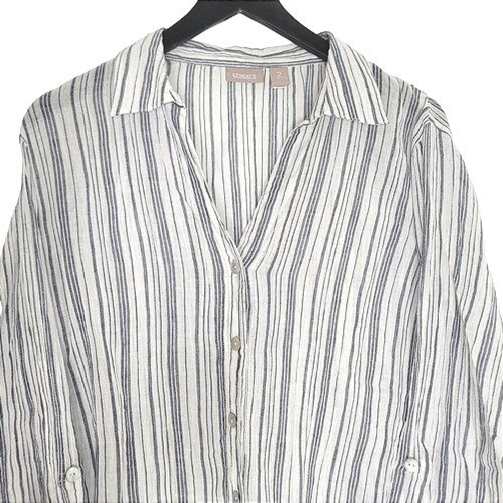 Chico's Button Up Shirt M Blue White Striped Roll Tab Sleeve Gauzy Lightweight